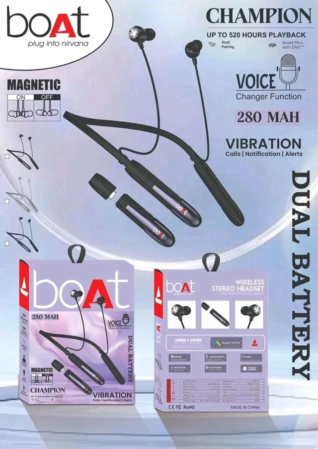 Boat New 🆕 Champion Megnet On Off , Voice Changer , Vibration 📳 Alert , Double Battery  Nackband
