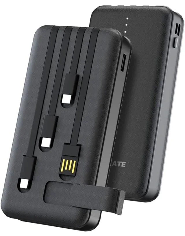 10000mAh Power Bank, 15W Fast Charging| Buit-in Cables | 4 Output Ports and 3 Input | for iPhone, Smartphones & Other Devices (15 W, Fast Charging) (Black, Lithium Polymer)