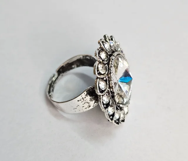 Adjustable Brass Crystal Silver Stone Ring