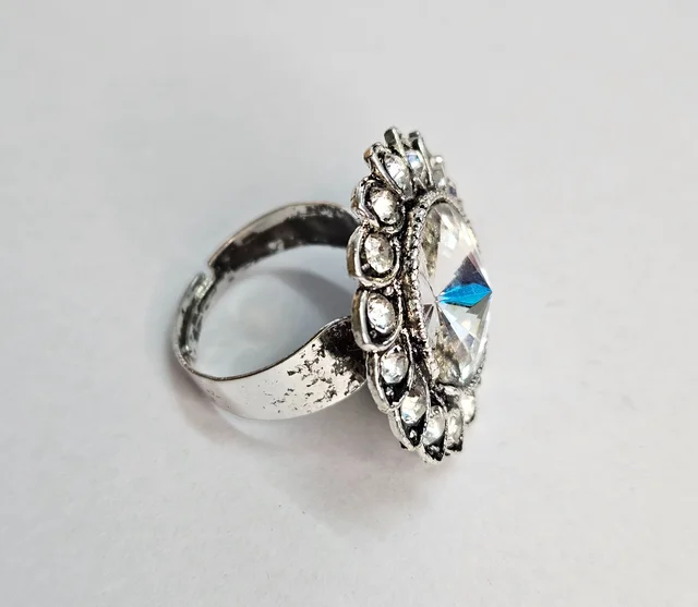 Adjustable Brass Crystal Silver Stone Ring