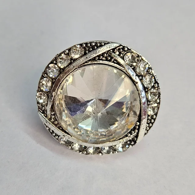 Adjustable Brass Crystal Silver Stone Ring