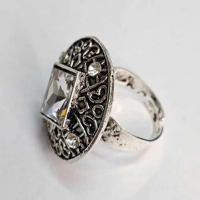 Adjustable Brass Crystal Silver Stone Ring
