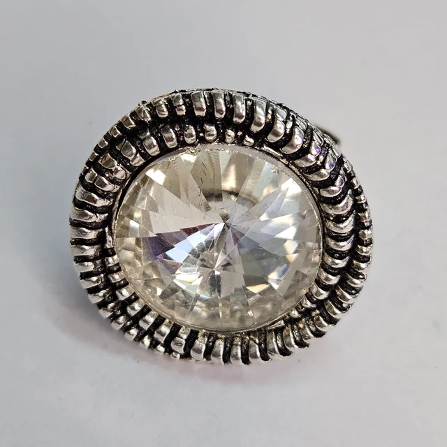 Adjustable Brass Crystal Silver Stone Ring