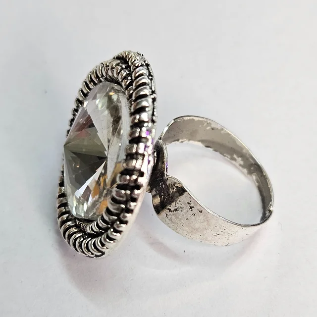 Adjustable Brass Crystal Silver Stone Ring