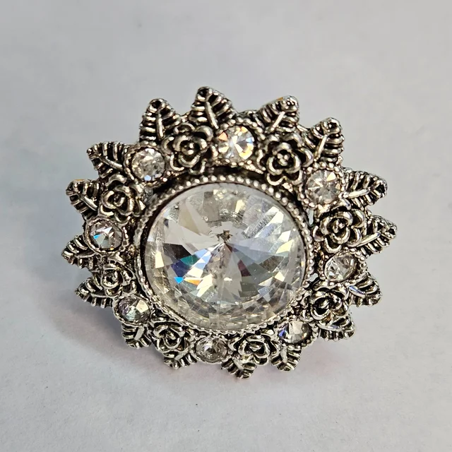 Adjustable Brass Crystal Silver Stone Ring