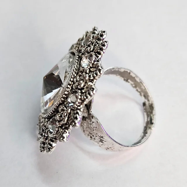 Adjustable Brass Crystal Silver Stone Ring