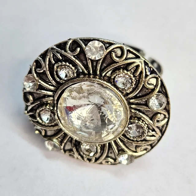 Adjustable Brass Crystal Silver Stone Ring