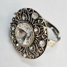 Adjustable Brass Crystal Silver Stone Ring