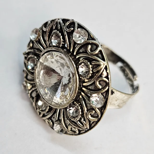 Adjustable Brass Crystal Silver Stone Ring