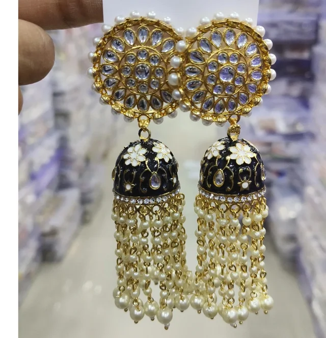 Crunchy Fashion Bollywood Jewellery Traditional Ethnic Bridal Bride Wedding Indian Pearl Hangings Meenakari Hoop/Bali Earrings Jewelry For Women