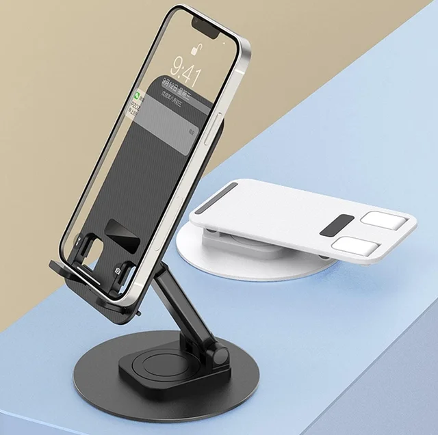 Foldable Mobile Phone Stand Dock Tabletop Mount, Aluminum Stand for Table & Bed Compatible with All Smartphones & Tablets 4 to 11''inch Desk Accessories - Black