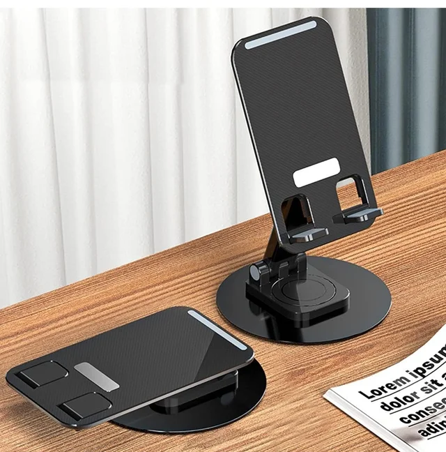 Foldable Mobile Phone Stand Dock Tabletop Mount, Aluminum Stand for Table & Bed Compatible with All Smartphones & Tablets 4 to 11''inch Desk Accessories - Black