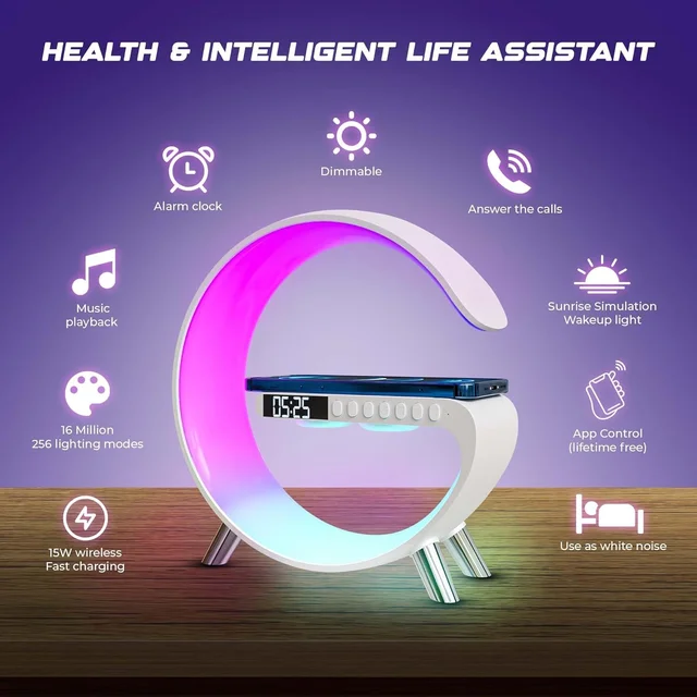 G Lamp 15W Wireless Charger Atmosphere Light Lamp, 4-in-1 Charger with BT, Speaker, Alarm Clock, and App Control Lights for Bedroom, Ambient Light