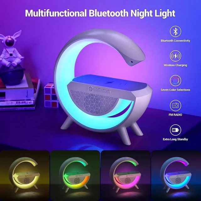 G Shape Multifunctional Google Speaker Wireless Charger Speaker 15 Watt Fast Charging Speaker Atmosphere Lamp With Bluetooth Speaker FM Radio 6 RGB Music Sync Lighting Mode For Bedroom
