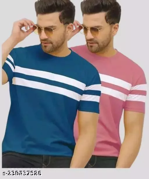 Men's Half T-shirt Cotton Blend (RoseGold & Teal Blue) Casual Wear Striped T-shirts Combo Pack Of 2 - M