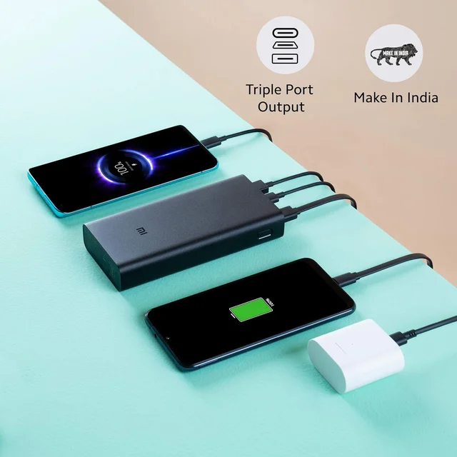 MI Power Bank 3i 20000mAh Lithium Polymer 18W Fast Power Delivery Charging | Input- Type C | Micro USB| Triple Output | Sandstone Black - Black