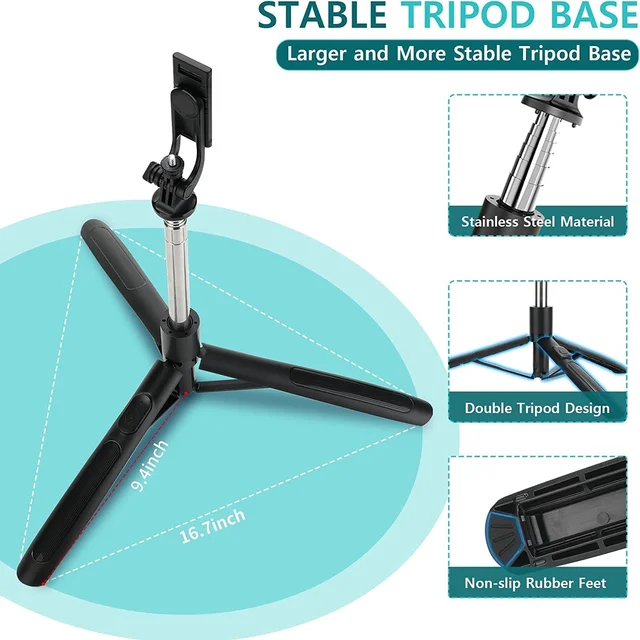 Neepho Selfie Stick with Tripod Stand Reinforced 63 inch/160cm Long Selfie Stick Tripod Bluetooth Mobile Tripod Stand with 1/4 Screw for Vlogging YouTube Live Stream,Black