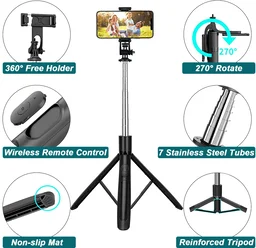Neepho Selfie Stick with Tripod Stand Reinforced 63 inch/160cm Long Selfie Stick Tripod Bluetooth Mobile Tripod Stand with 1/4 Screw for Vlogging YouTube Live Stream,Black