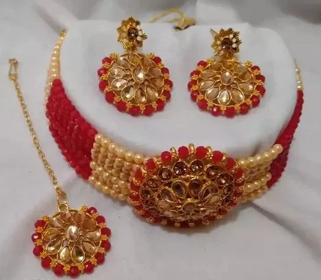 Pearl Gold-Plated Jewellery Set, Maang tikka with A Pair of Earrings for Mehndi, Haldi, Wedding, Godbharai, Bridal Red-Gold Colour
