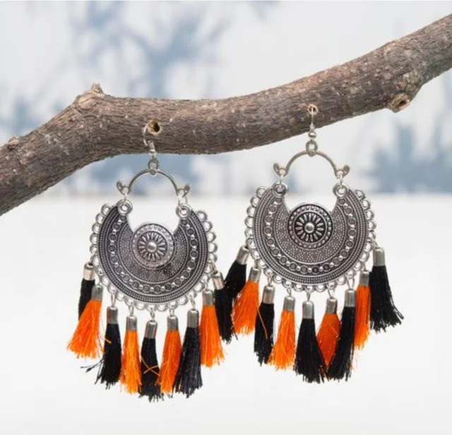 Spunky Antique Handcrafted Silver Oxidised Black & Orange Tassels Earring For Women And Girls