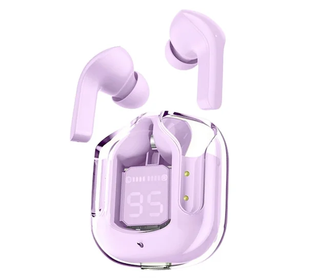 Transparent Digital Display True Wireless 5.0 Bluetooth ANC TWS Earpods - in Ear Power LED Display, IPX4 Water-Resistant Stereo, Active Noise Reduction, Touch-Control Earbuds with Charging Bin (Pink)
