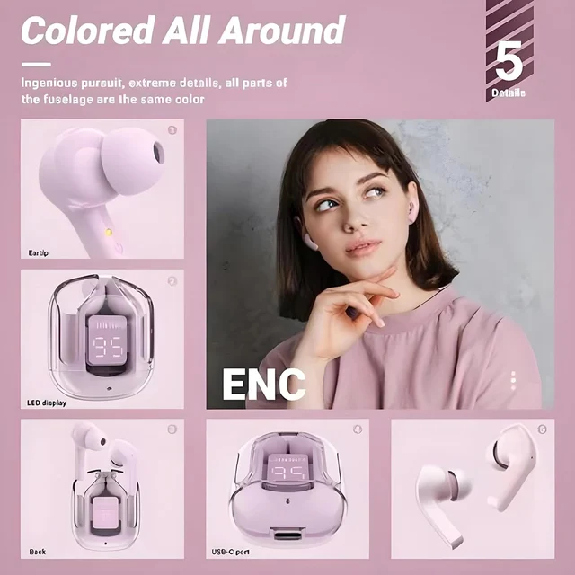 Transparent Digital Display True Wireless 5.0 Bluetooth ANC TWS Earpods - in Ear Power LED Display, IPX4 Water-Resistant Stereo, Active Noise Reduction, Touch-Control Earbuds with Charging Bin (Pink)