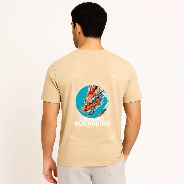 Men’s Premium Cotton Regular Fit T-Shirt – Cream with “Dragon Guerreiro” Graphic Print