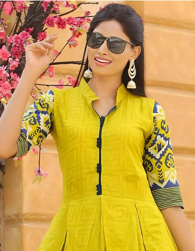 RAYON ANARKALI LONG KURTI - Yellow, Free Size