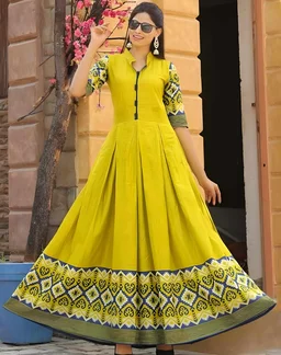RAYON ANARKALI LONG KURTI - Yellow, Free Size