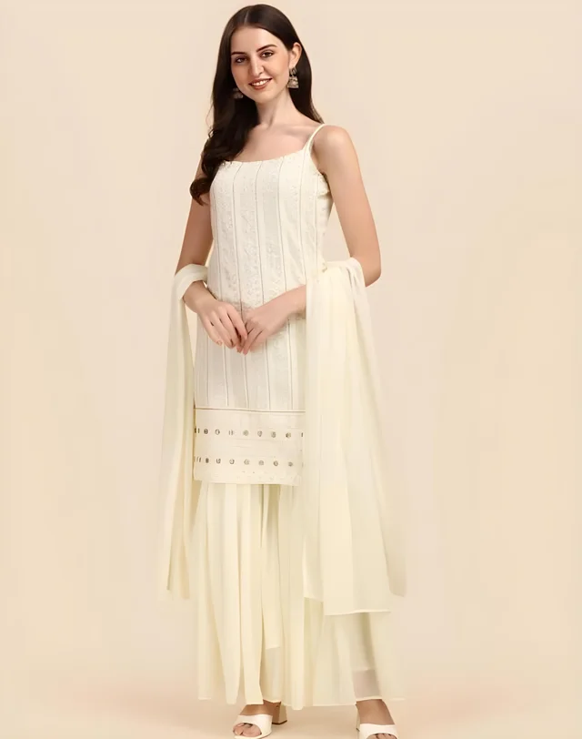 DECIZE CLOTHING KURTI SHARARA SET WITH DUPATTA - White, XLL