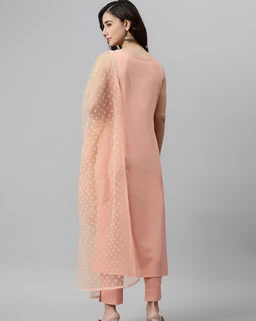 Peach Solid Crepe Kurta Set with Dupatta and Pant - My Pink, L