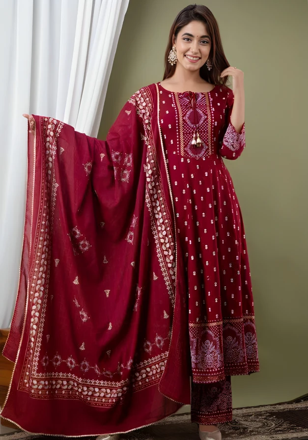 Womens Rayon Kurti With Duppata And Bottomwear 3 Pice Set - Guardsman Red, L