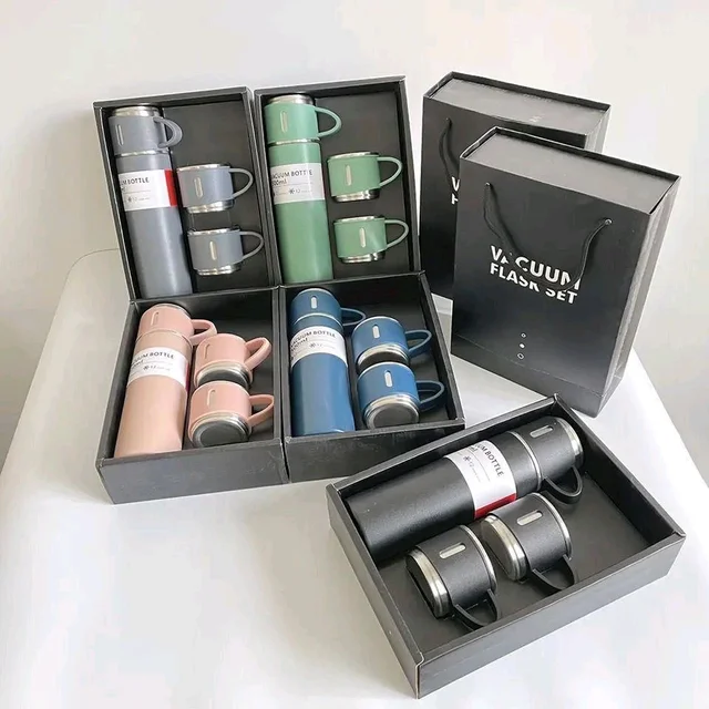 Vacuum Flask Set with 2 Cups, Insulated Double Wall Stainless Steel 500ml Tea Coffee Thermal Flask with 3 Cups, Hot and Cold Bottle, Corporate Gifts for Employees Christmas Gift, Random Color