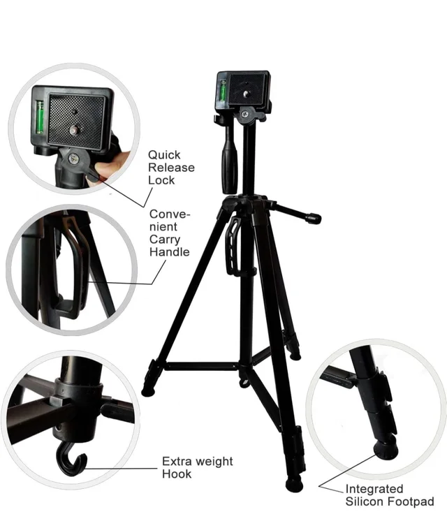 3366 Height Adjustable Aluminum Alloy Tripod Compatible with All Smart Phones, Camera, Go Pro Maximum Operating Height 4.5 ft Maximum Load Capacity up to 5kg (Black)