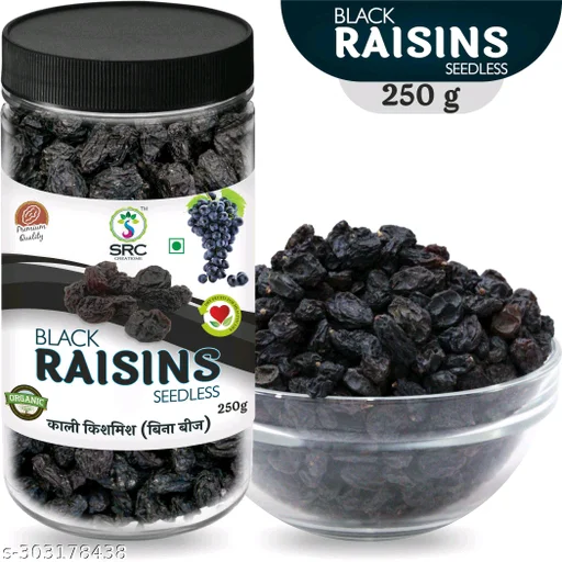 Seedless Black Raisins 250g | Dried Kishmish Without Seeds, Dry Grapes | Kali Kismis Dry Fruits | Kali Darakh (250) - 250g