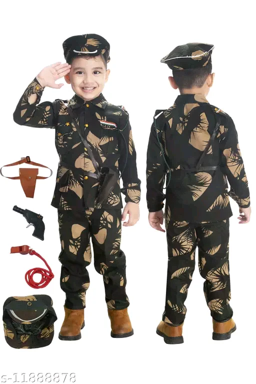 BOYS PRINTED ARMY OR BSF DRESS WITH CAP WHISTEL ROPE GUN GUN COVER FOR FANCY DRESS COMPITITION OR REGULAR WEAR - 3-6 Months