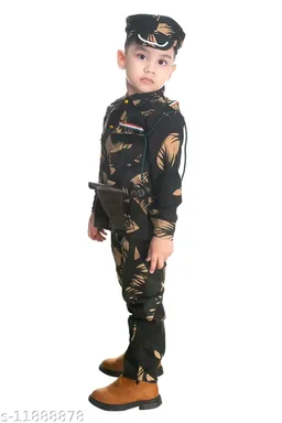 BOYS PRINTED ARMY OR BSF DRESS WITH CAP WHISTEL ROPE GUN GUN COVER FOR FANCY DRESS COMPITITION OR REGULAR WEAR - 9-12 Months