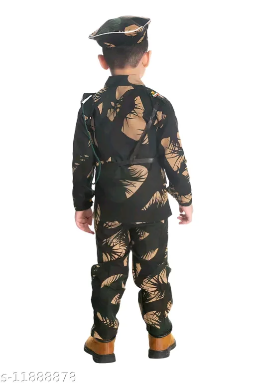 BOYS PRINTED ARMY OR BSF DRESS WITH CAP WHISTEL ROPE GUN GUN COVER FOR FANCY DRESS COMPITITION OR REGULAR WEAR - 9-12 Months