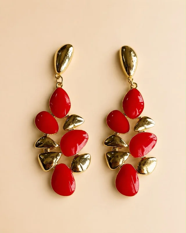 *Luxe Petal Statement Earrings – Gold & Enamel Collection*🌷 - Red
