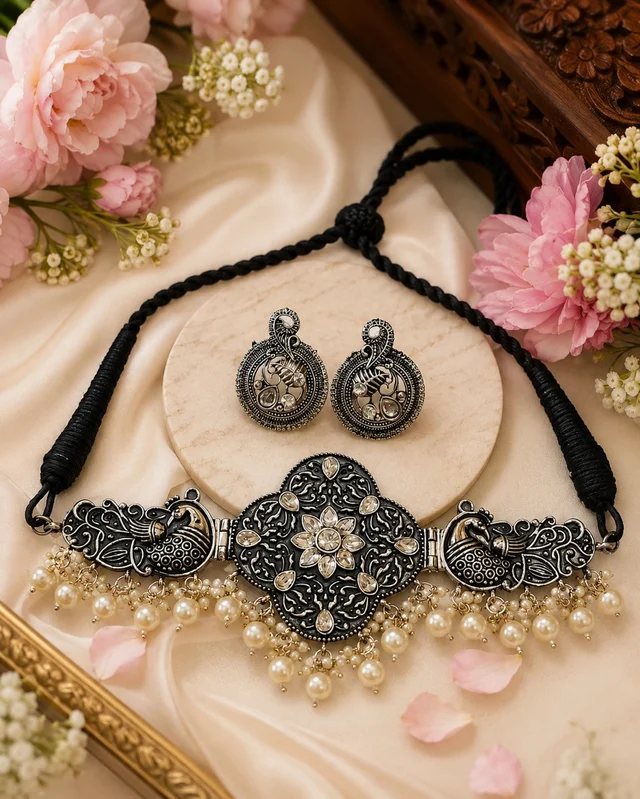 *Elegant Oxidised Peacock Choker Set*💖
