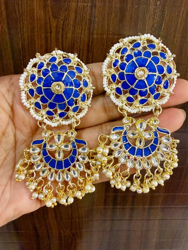 Festive Bloom Kundan Chandbali Danglers - royal blue