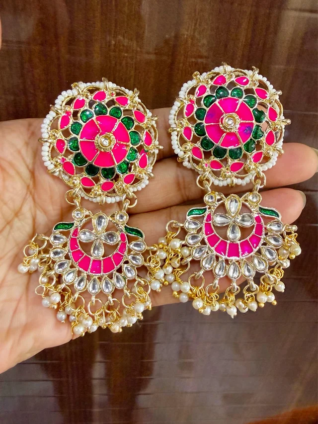 Festive Bloom Kundan Chandbali Danglers - pink green