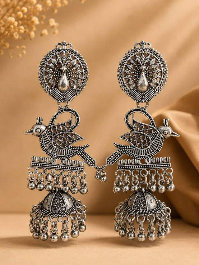 *Moonlit Peacock Oxidised Jhumkas* ✨