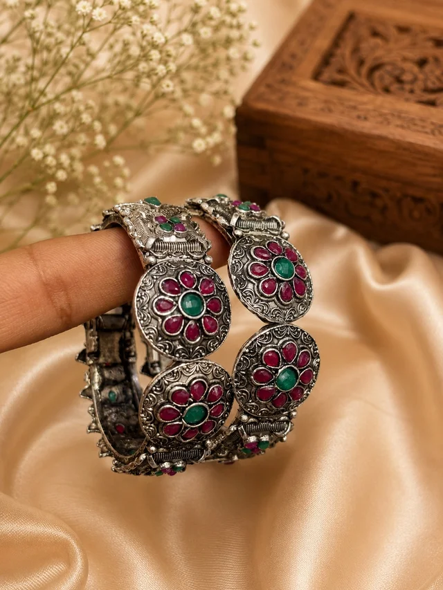 Royal Floral Folding Kada | Vintage Oxidised Statement Bracelet(2pc Set)✨ - Style1