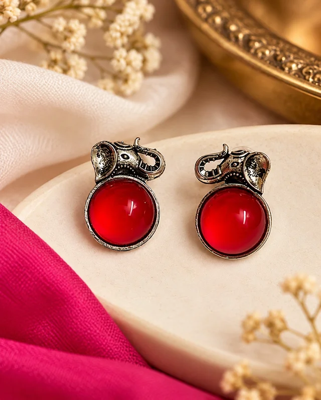 Royal Elephant Stone Stud Earrings ❤️🐘 - Red