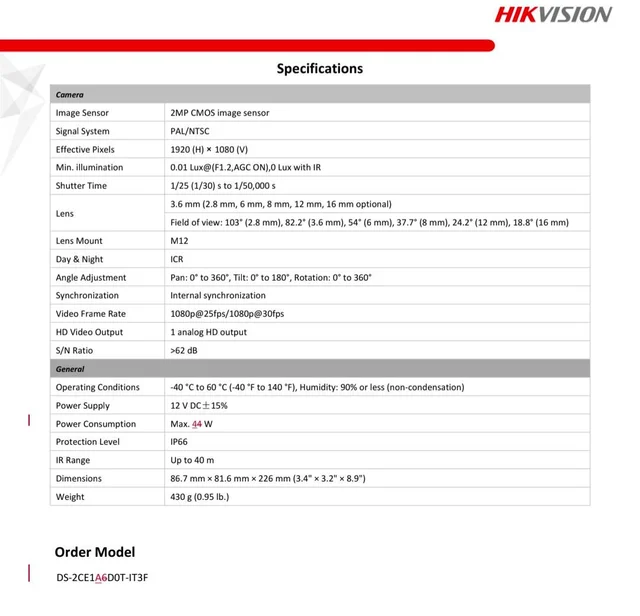 HIKVISION 2MP DS-2CE1ADOT-IT3F BULLET CAMERA