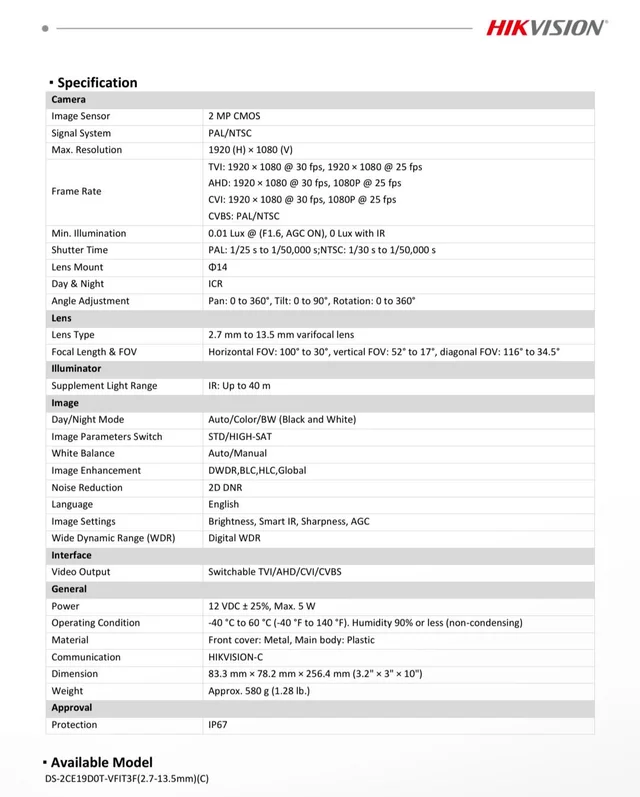 HIKVISION 2MP DS-2CE19DOT-VFIR3F