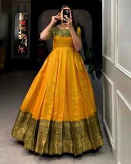 Kanjivaram silk Gown - Free Size, Green