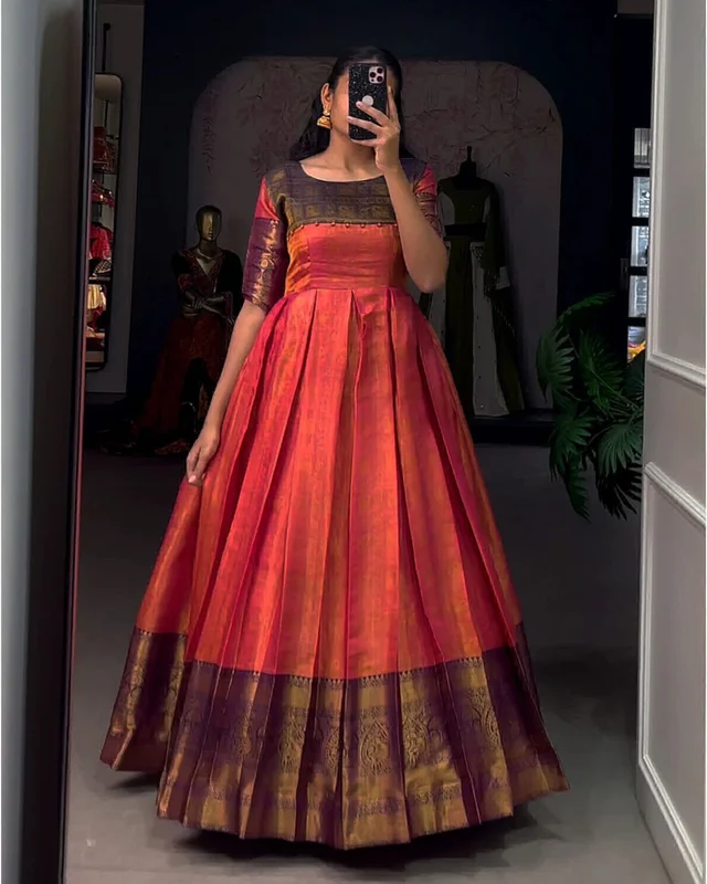 Kanjivaram silk Gown - Free Size, Dark Orange