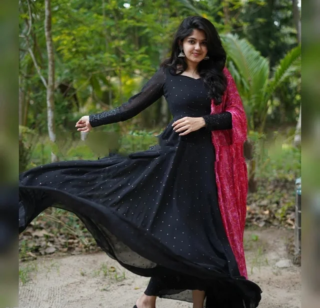 New party wear Embroidery work gown with digital printed dupatta - L
